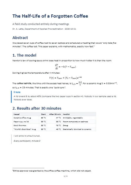 Page 1, portrait: title, abstract and the cooling-law equations